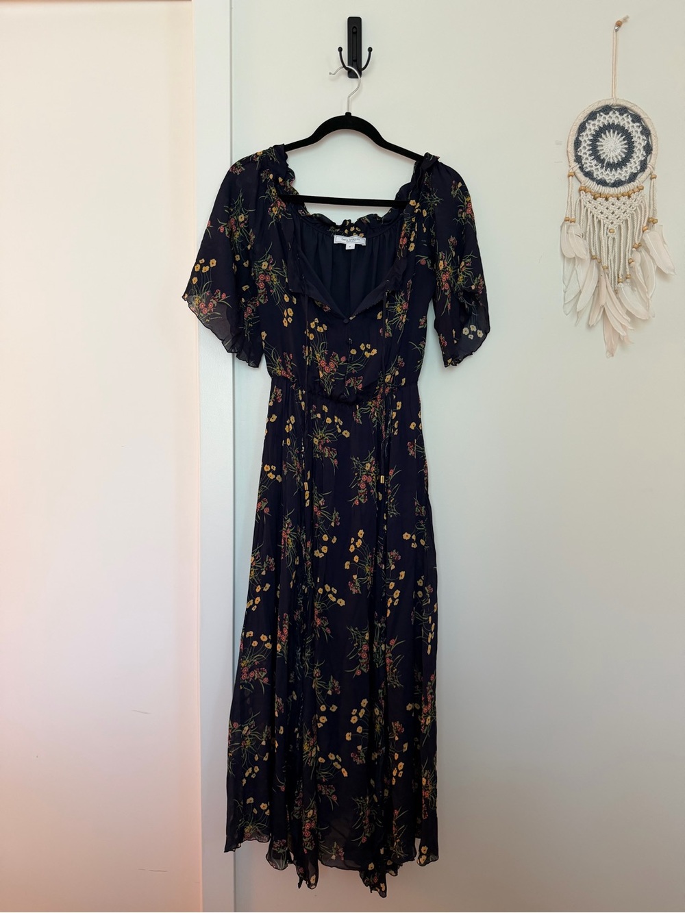 Black Floral Maxi Dress with V-Neck and Flutter Sleeves